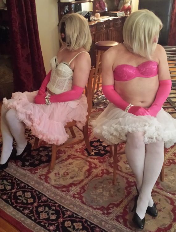 Forced Sissification, Orange County Crossdresser Mistress Victoria Hunter Sissy boys, transformed into pink frilly clothing, wigs, gloves, petticoats, high heels,